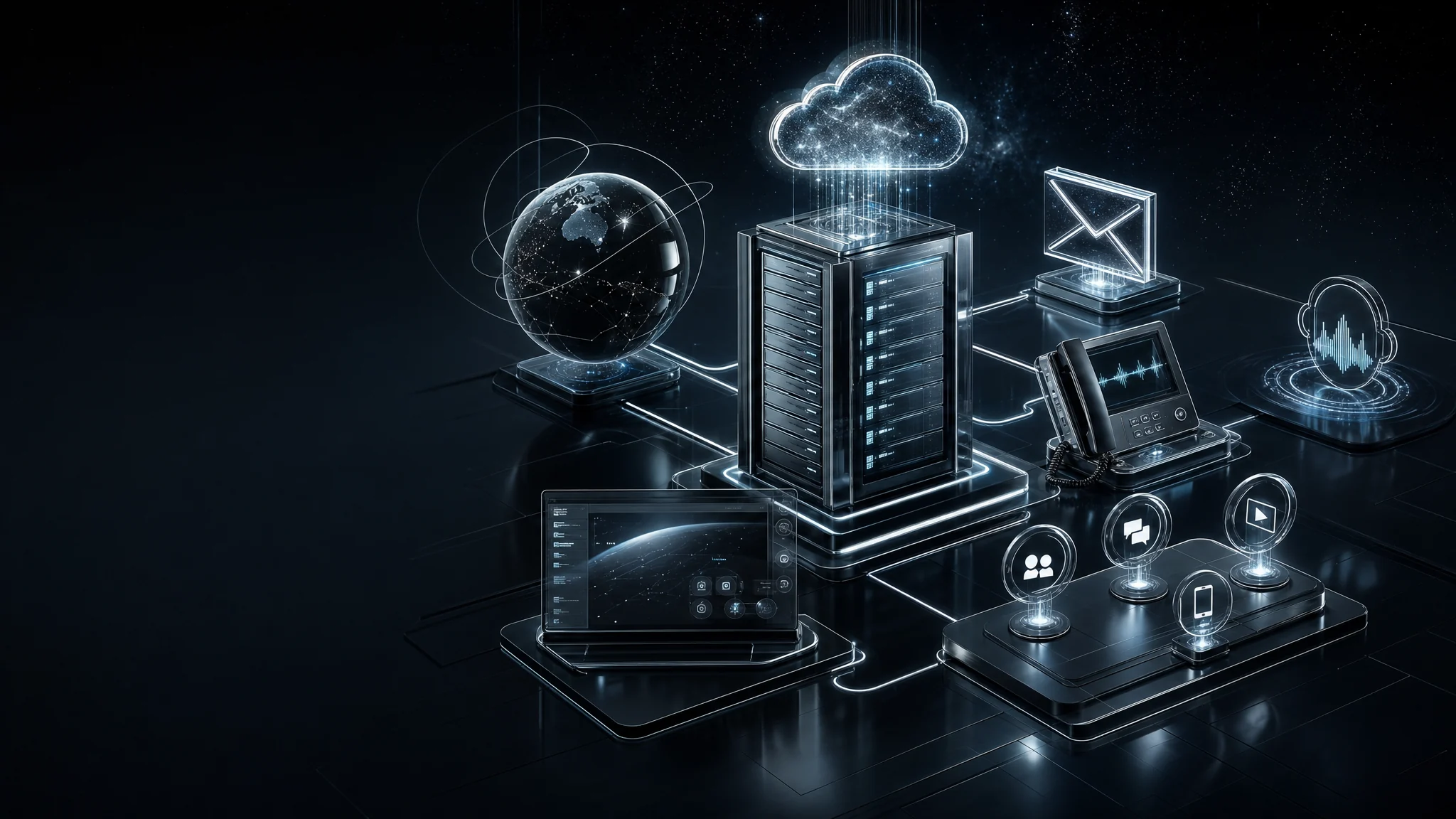 Corporate digitalization stack visual with connected infrastructure modules.