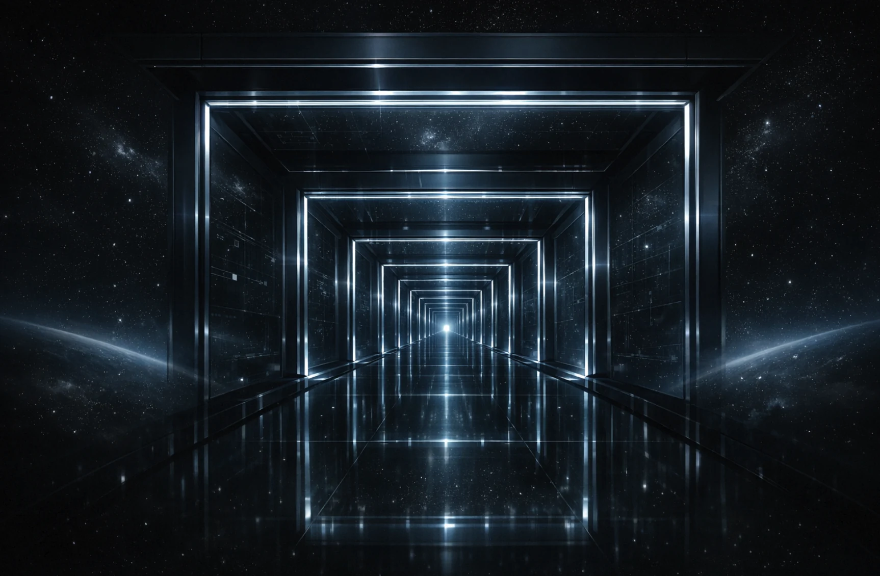 Futuristic luminous corridor opening into a deep space horizon.