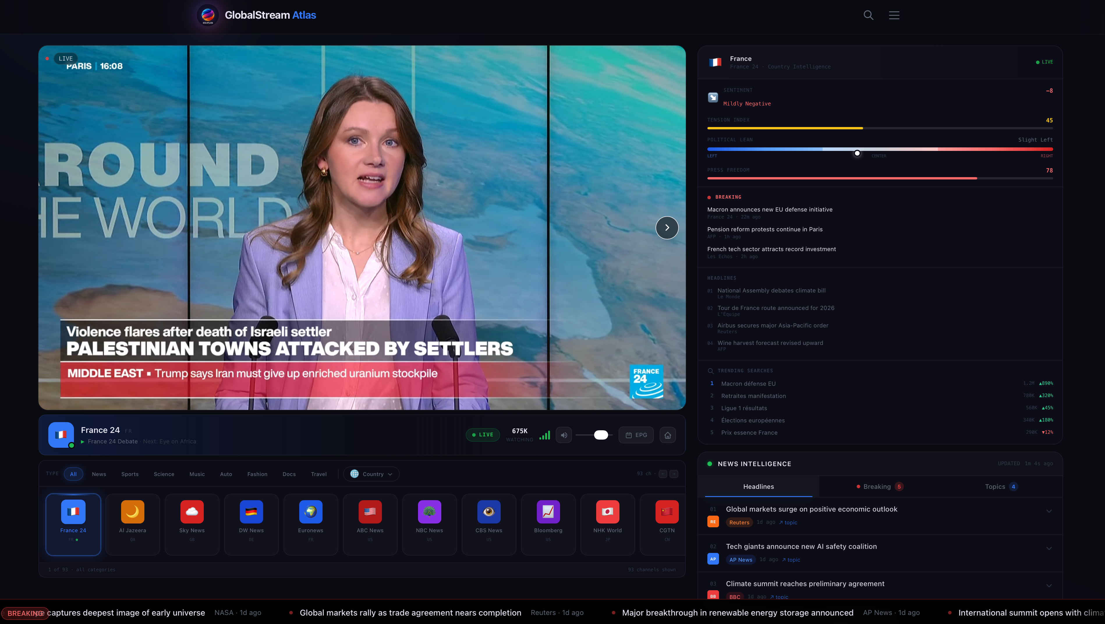 Global Stream Atlas application interface showing a live news stream, analytics sidebar, and curated channel rail.