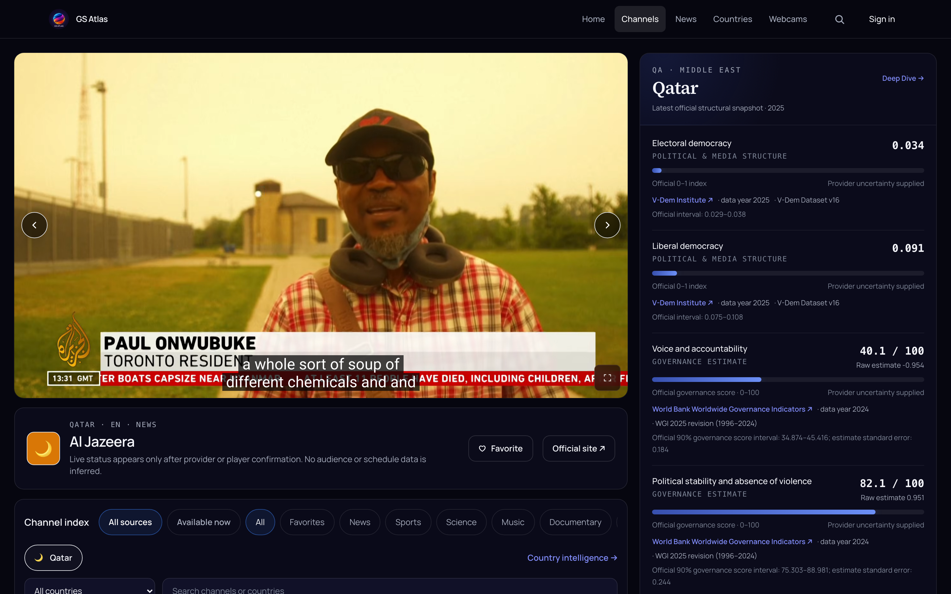 Global Stream Atlas live channel and country intelligence interface
